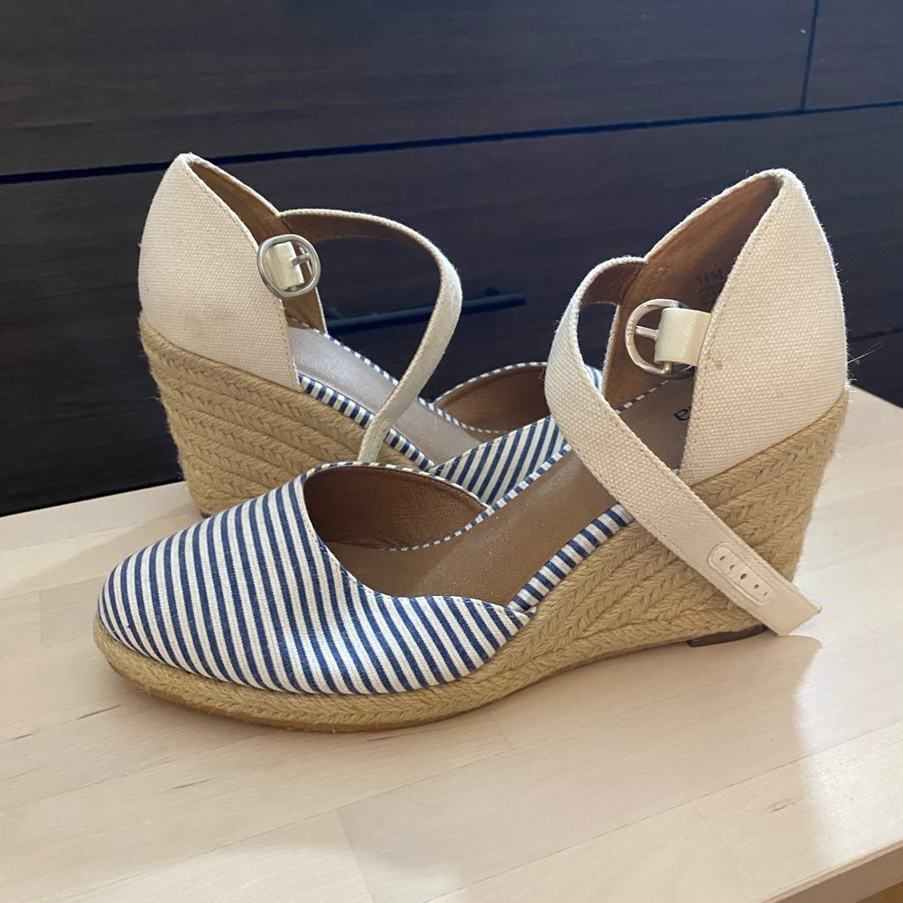 Blue and White Espadrille Wedges